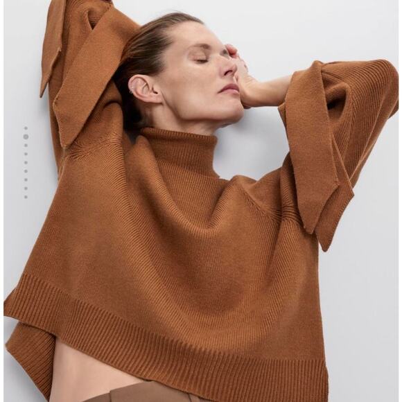 Zara Ribbed Tie Cuff Turtleneck Pullover Sweater Rust Brown Women's Size Medium - Picture 3 of 7